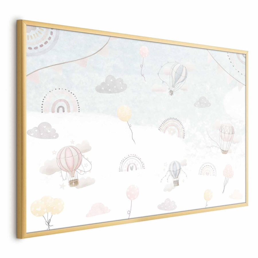 Adventure Among the Clouds poster with balloons and clouds in a gold frame.