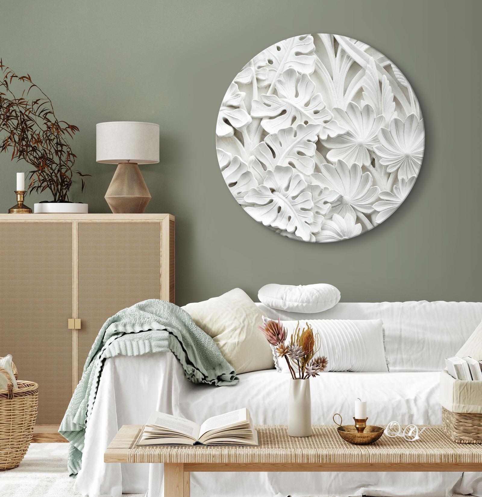 Rundes Bild - Carved Nature - Pattern With White Leaves Made of Stone Artgeist