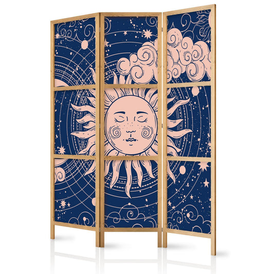 Japanischer Paravent - Cosmic Harmony - Illustration of the Sun and Moon on a Navy Background Artgeist