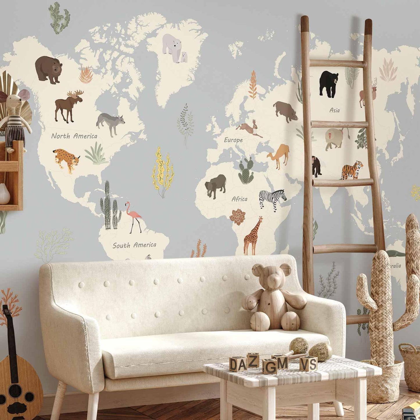 Fototapete - Pastel Planet - Animals and Underwater Plants on a Map