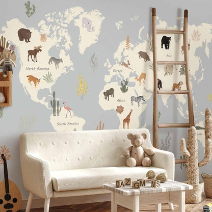 Fototapete - Pastel Planet - Animals and Underwater Plants on a Map