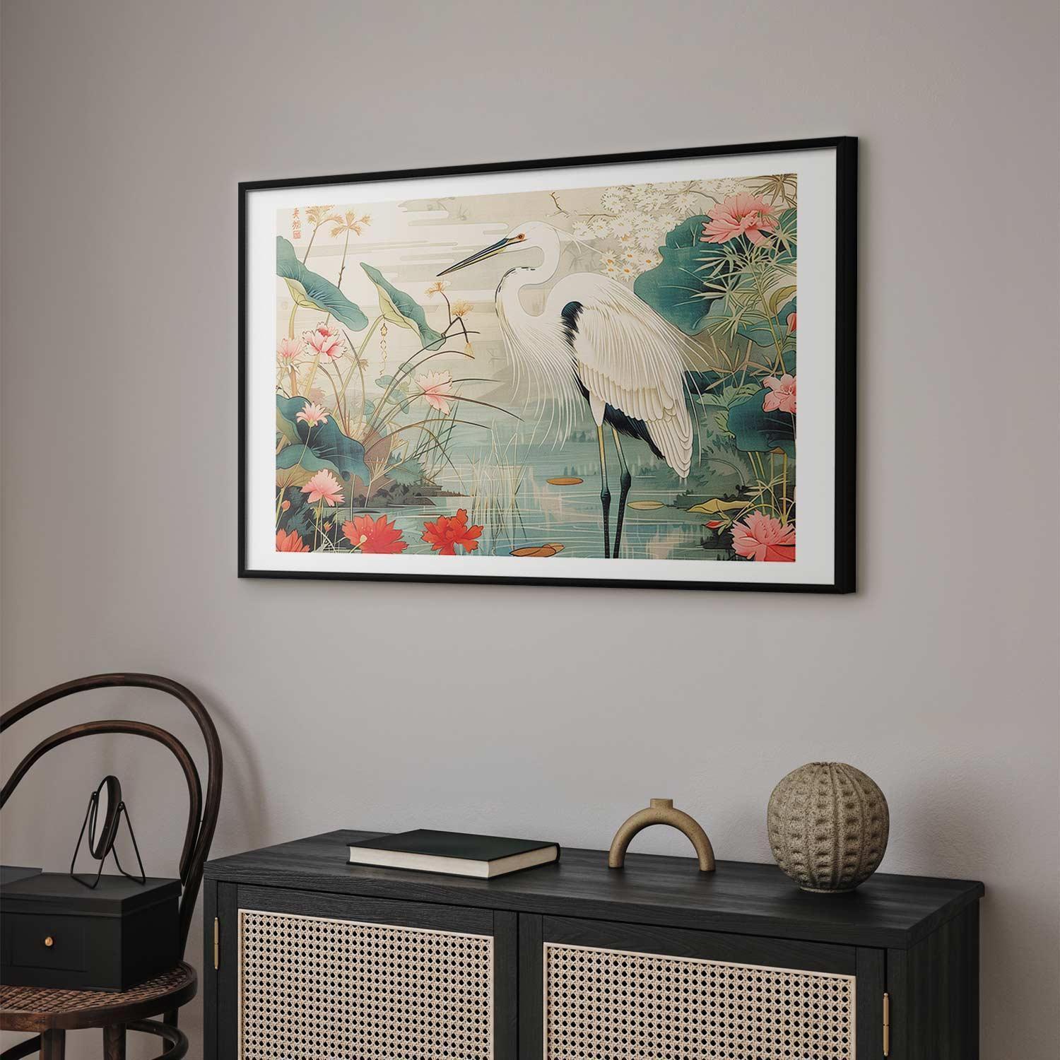 Poster - Over the Asian Pond - illustration in the Japanese print style featuring a heron Artgeist