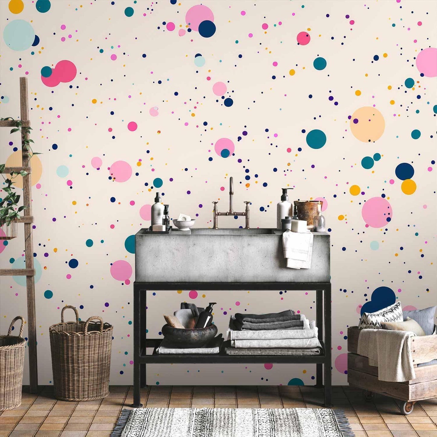 Fototapete - Dots Speckles and Splatters Multicolored Cheerful Pattern on a Light Pink Background