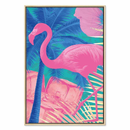 Leinwandbild - Pink Flamingo - Abstract Flamingo Against Palms and Ice Cubes