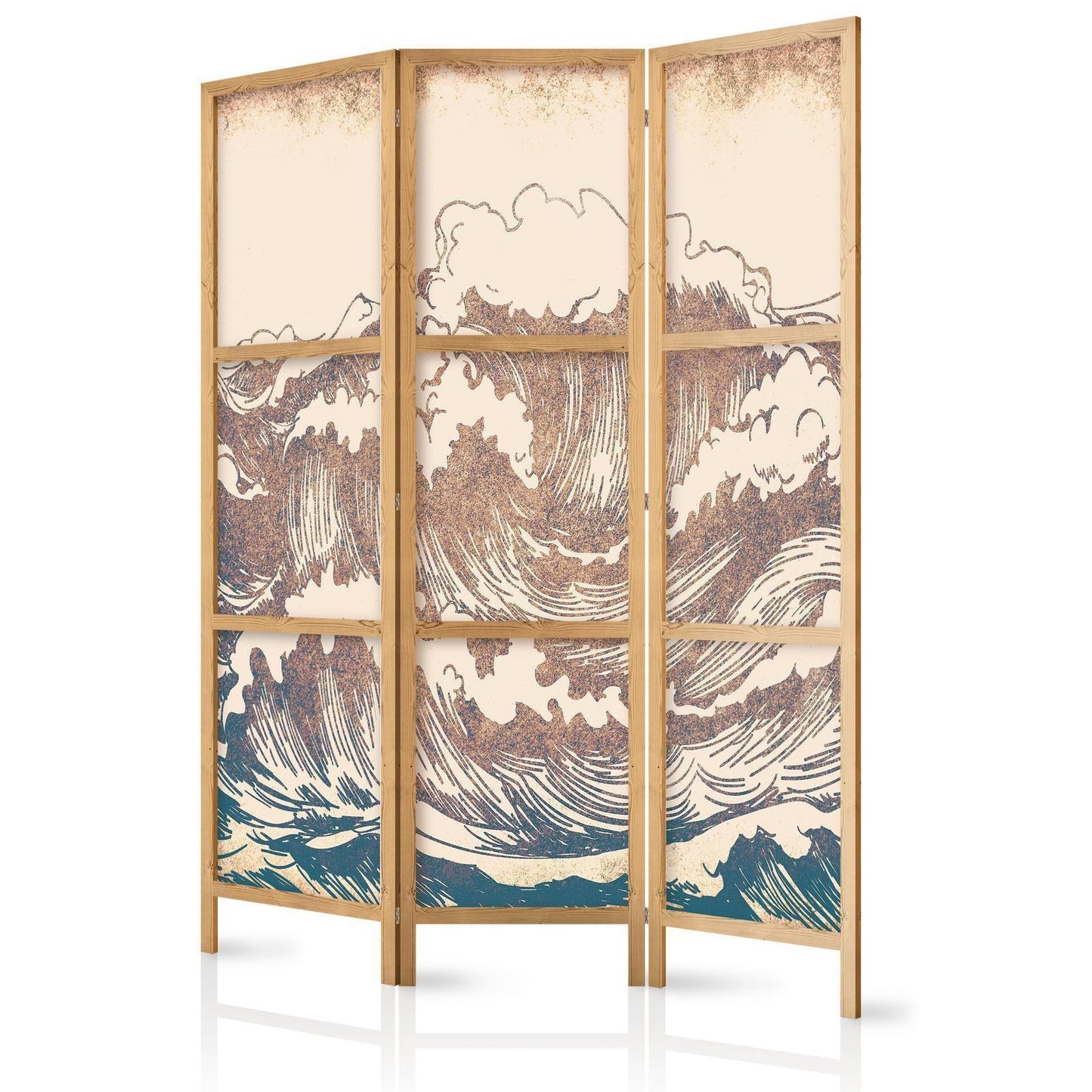 Japanischer Paravent - Turbulent Ocean - High Waves in Brown and Navy on a Beige Background in Vintage Style Artgeist