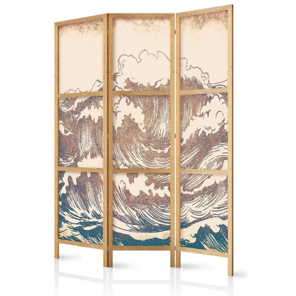Japanischer Paravent - Turbulent Ocean - High Waves in Brown and Navy on a Beige Background in Vintage Style Artgeist