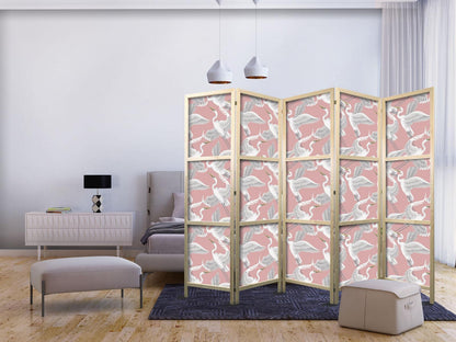 Japanischer Paravent - Pastel birds - a delicate pattern of white and grey herons on a light pink background