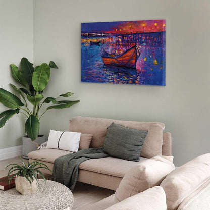 Leinwandbild - Modern impressionism - night landscape of a lake with a floating boat
