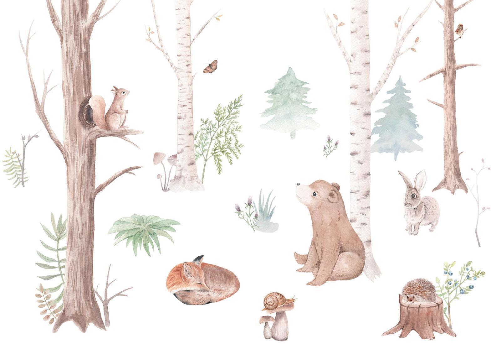 Fototapete - Subtle Illustration With Forest Animals Artgeist