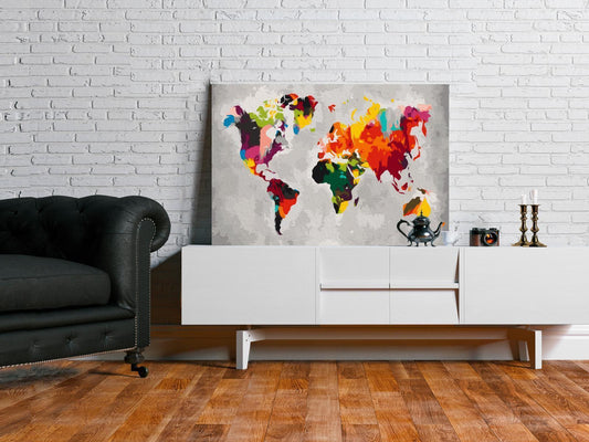 Weltkarte in leuchtenden Farben zum Ausmalen - Energiegeladenes DIY Wandbild Set mit brillanten Tönen