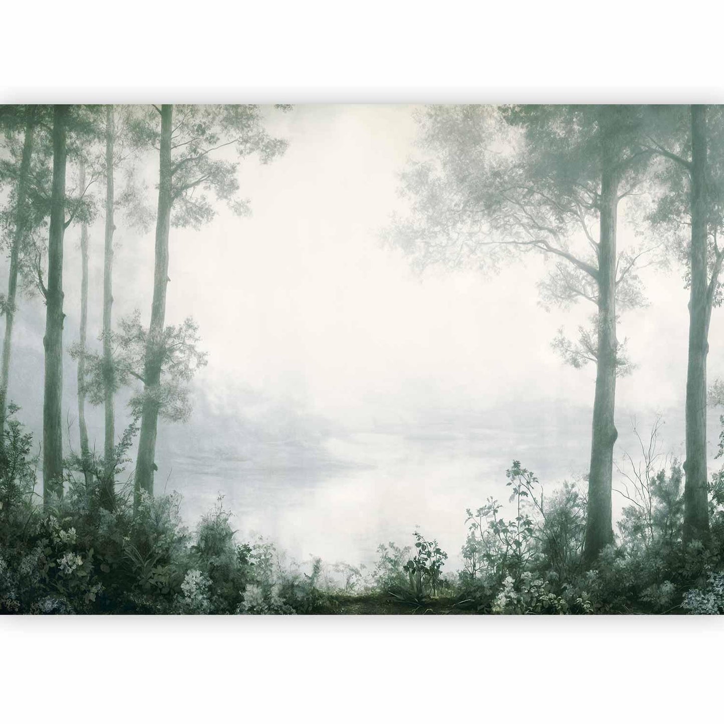 Fototapete - Retro Landscape - Grove Trees and Pond in Patinated Shades of Green Artgeist