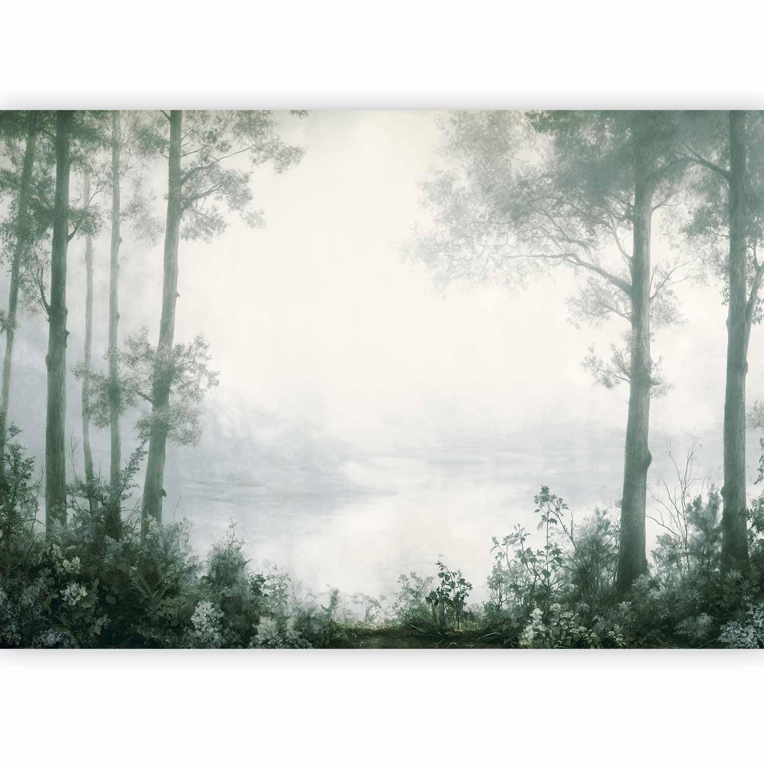 Fototapete - Retro Landscape - Grove Trees and Pond in Patinated Shades of Green Artgeist