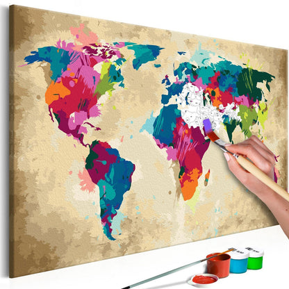 Wandbild zum Ausmalen - Bunte Weltkarte mit leuchtenden Farben, DIY Malen-nach-Zahlen Set