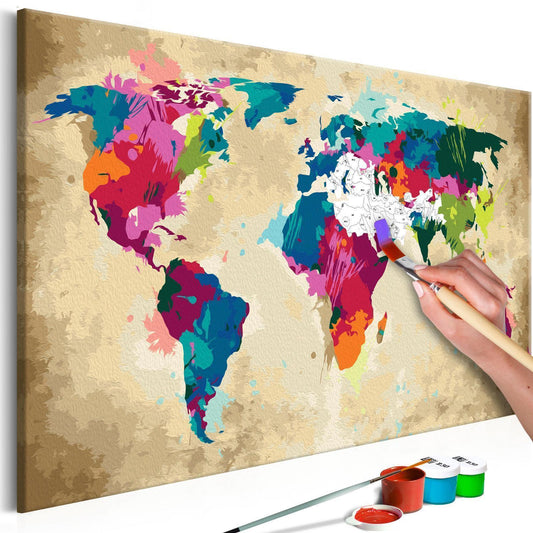 Wandbild zum Ausmalen - Bunte Weltkarte mit leuchtenden Farben, DIY Malen-nach-Zahlen Set