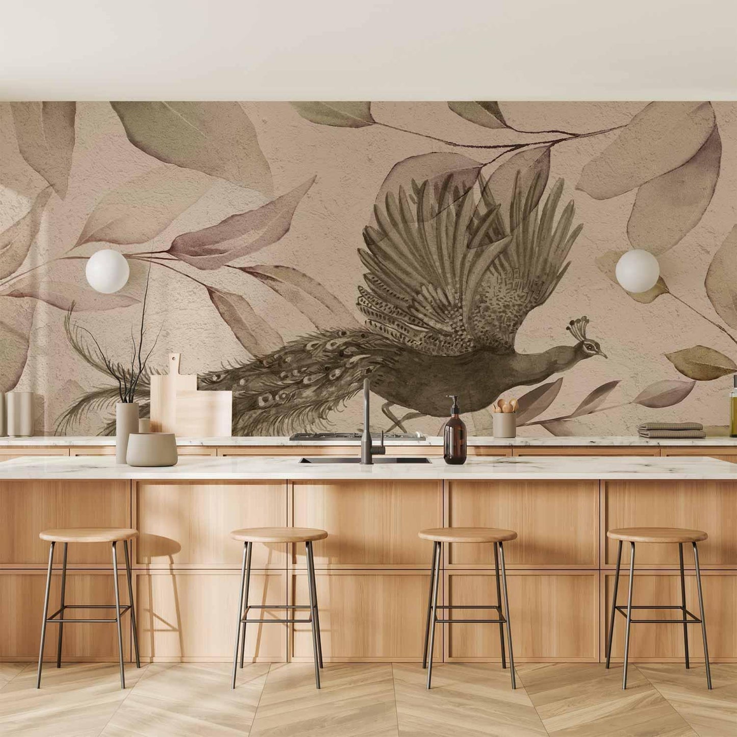 Fototapete - Bird among the leaves - floral motif with a flying peacock in cool tones