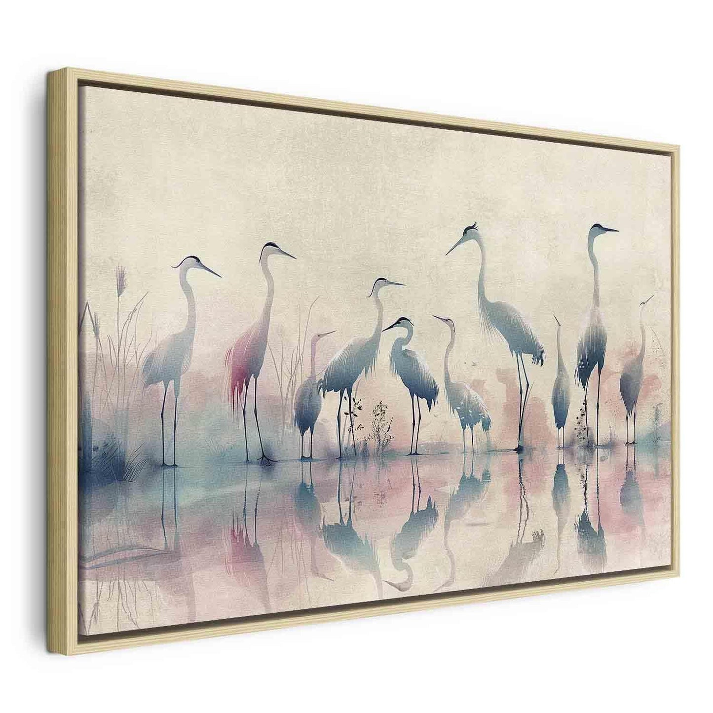 Leinwandbild - Birds by the lake - herons painted in watercolour in delicate grey and pink colours