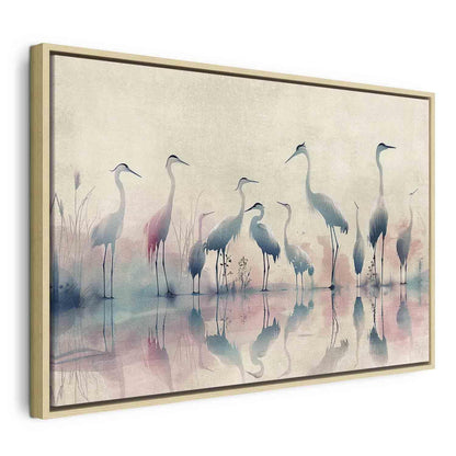 Leinwandbild - Birds by the lake - herons painted in watercolour in delicate grey and pink colours