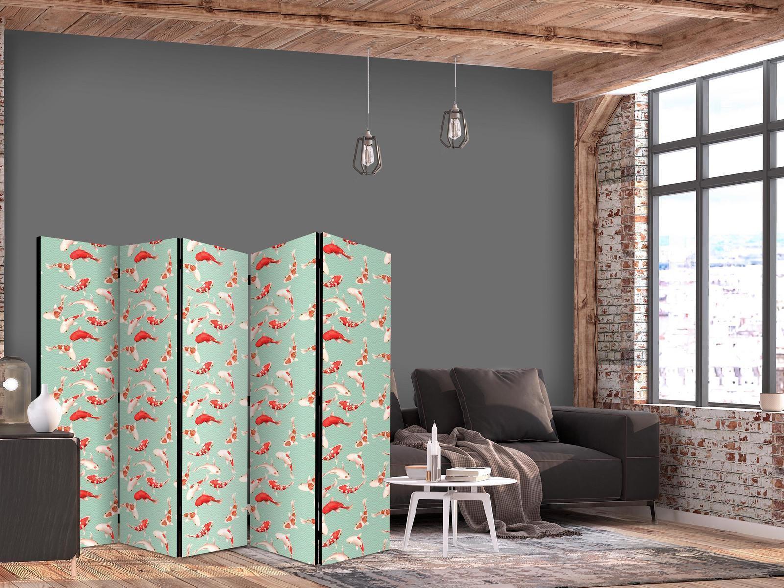 Paravent - Fish And Japanese Pattern - Koi Fish in Orange-Cream Colors on a Green-Mint Background With An Oriental Pattern Artgeist