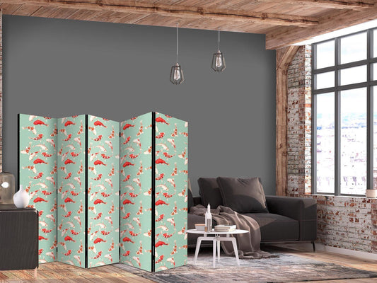 Paravent - Fish And Japanese Pattern - Koi Fish in Orange-Cream Colors on a Green-Mint Background With An Oriental Pattern Artgeist