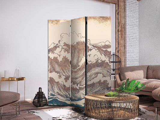 Paravent - Stormy Ocean - High Waves in Brown and Navy Colors on a Beige Background in Vintage Style