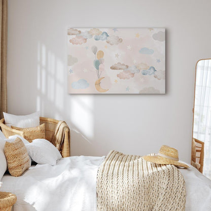 Leinwandbild - Fairy-Tale Moon - Pastel Moon with Balloons Among Colorful Clouds and Stars in Subdued Colors on a Light Background