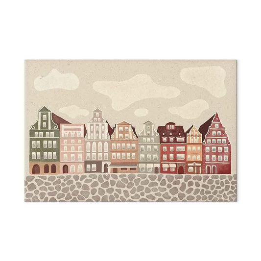 Leinwandbild - Salt Square - Colorful Illustrated Townhouses Against a Cloudy Sky Background