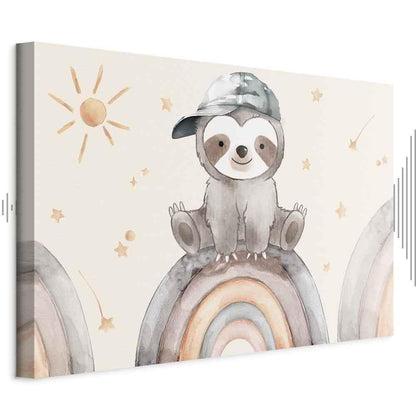Leinwandbild - Happy Sloth - Sloth in Subdued Colors Wearing a Cap Sitting on a Rainbow Among Little Stars
