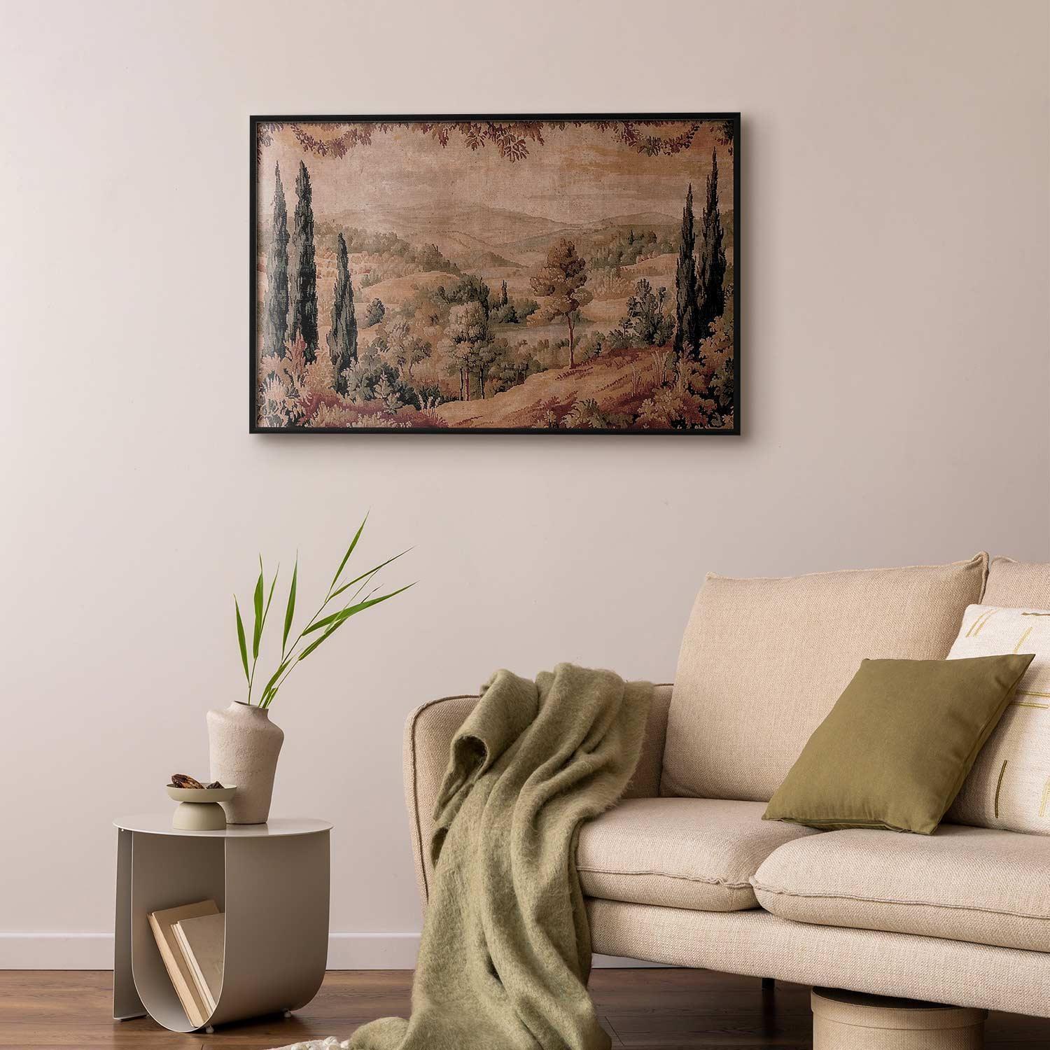 Poster - Mediterranean Landscape - Old Tapestry with a Hill and Lake Artgeist