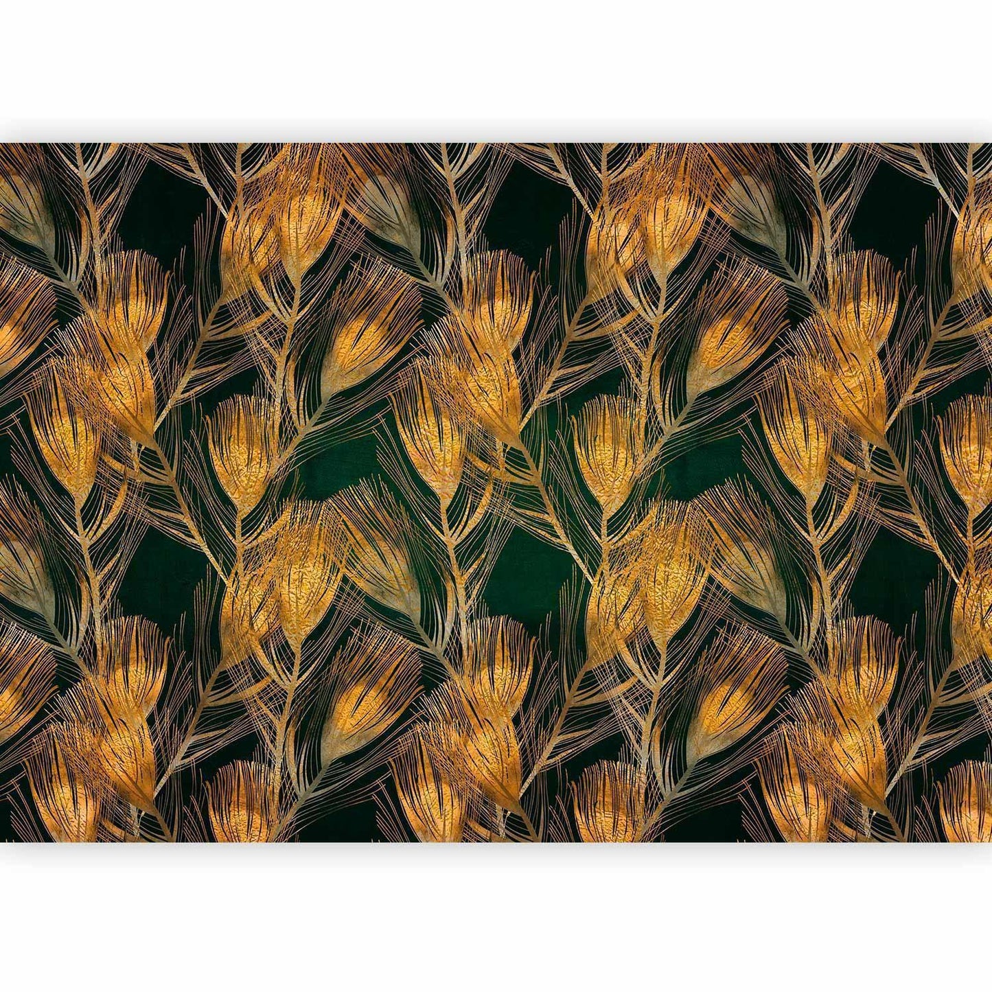 Fototapete - Golden peacock feathers - solid background with bird pattern on green background Artgeist