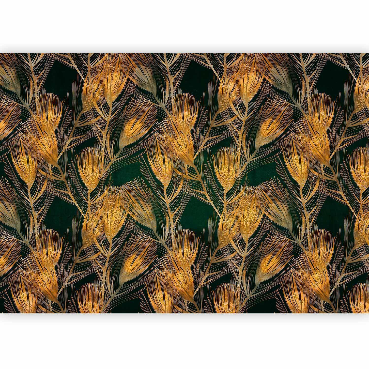 Fototapete - Golden peacock feathers - solid background with bird pattern on green background Artgeist