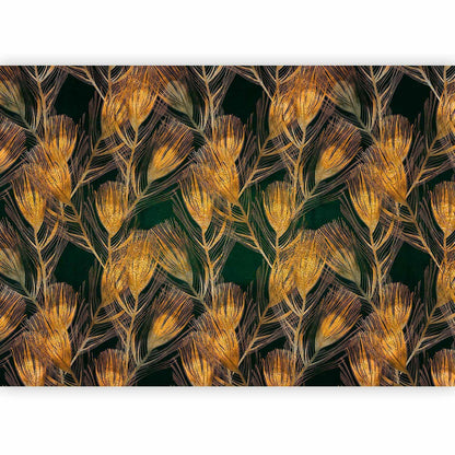 Fototapete - Golden peacock feathers - solid background with bird pattern on green background Artgeist
