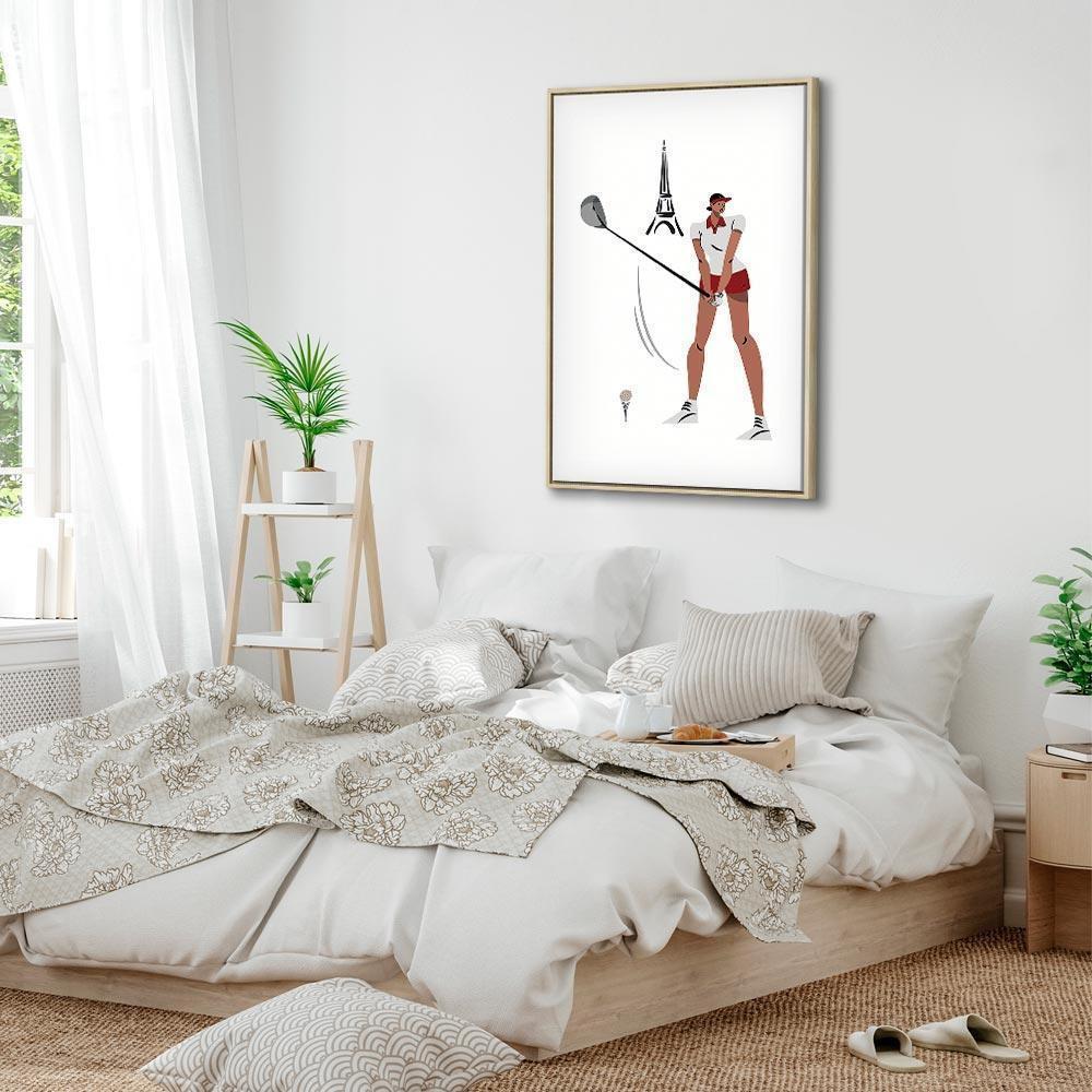 Leinwandbild - Female Golfer With the Eiffel Tower in the Background - Illustration