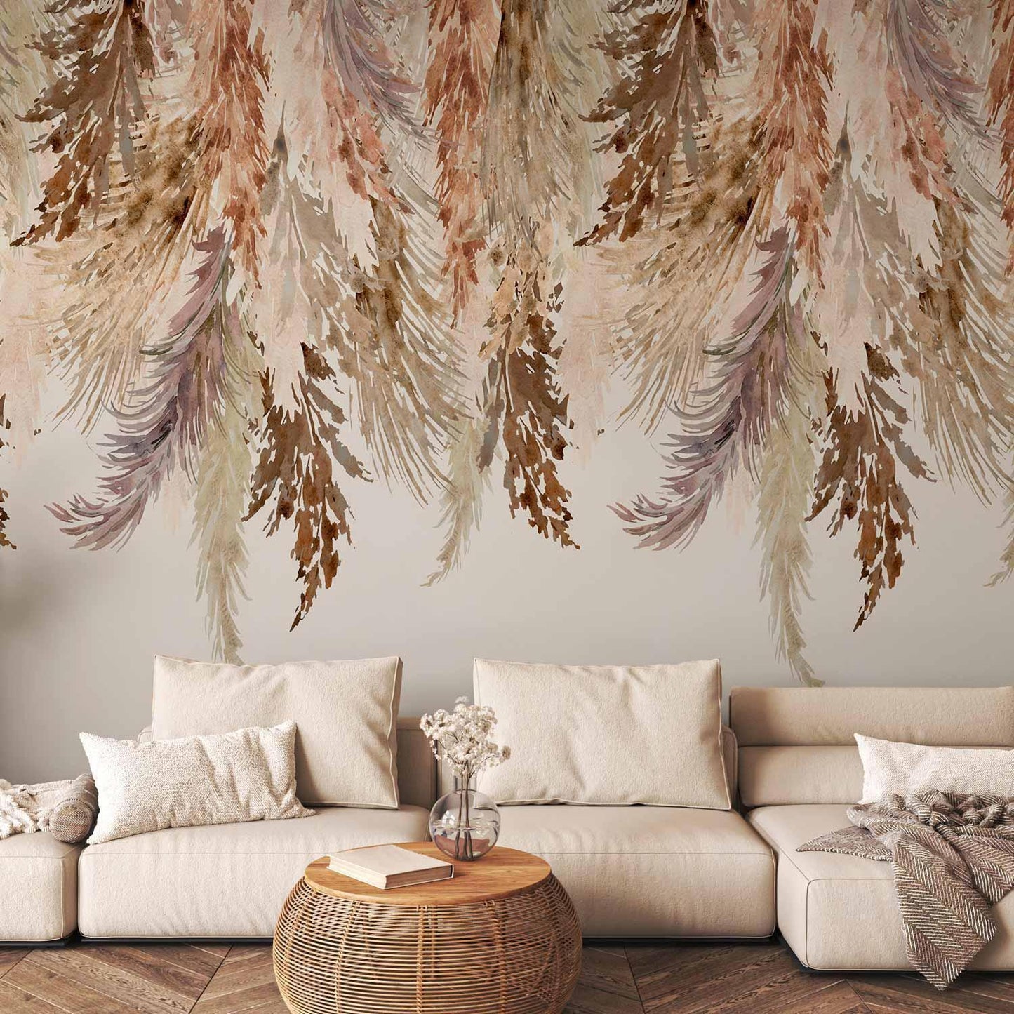 Fototapete - Minimalist boho landscape - dangling leaves in beige colours Artgeist