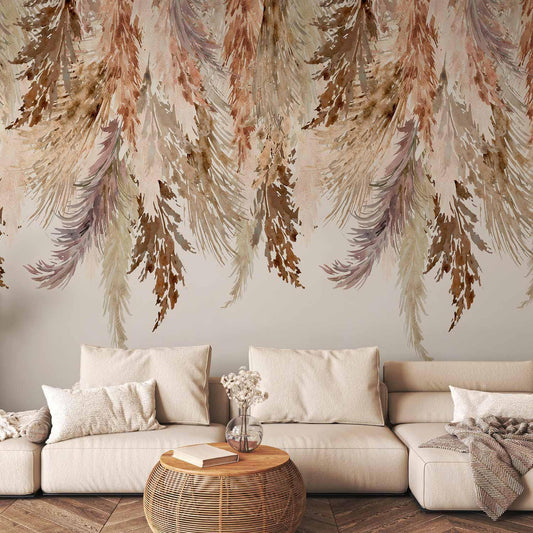 Fototapete - Minimalist boho landscape - dangling leaves in beige colours Artgeist