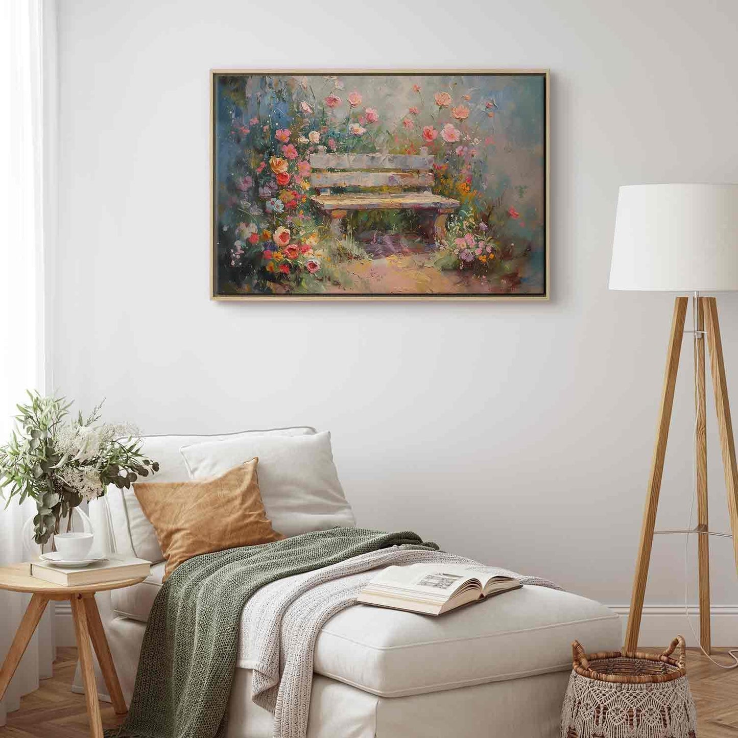Leinwandbild - Flowery bench - impressionist painting full of flowers