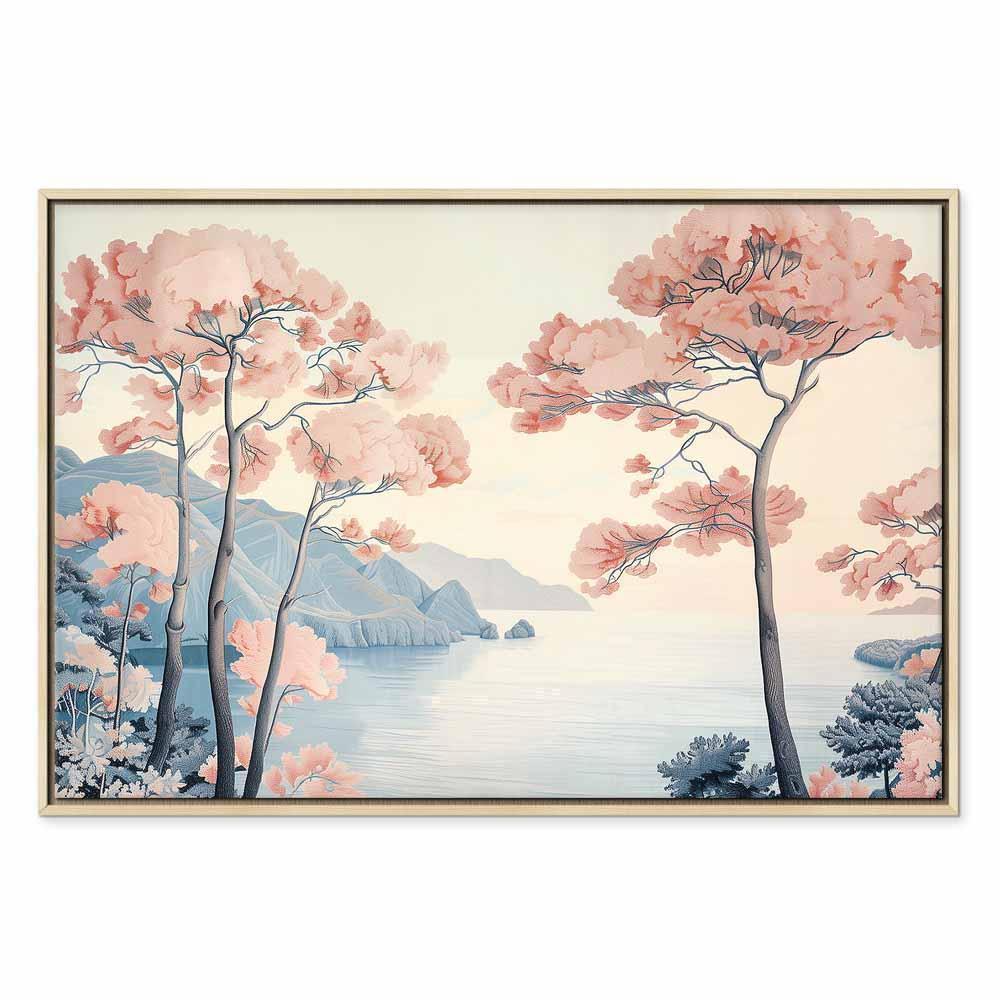 Leinwandbild - Landscape with the Ocean Cliffs and Trees in Delicate Pink Shades