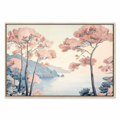 Leinwandbild - Landscape with the Ocean Cliffs and Trees in Delicate Pink Shades