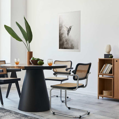 Ethnic Hummingbird poster displayed in modern dining room setting.