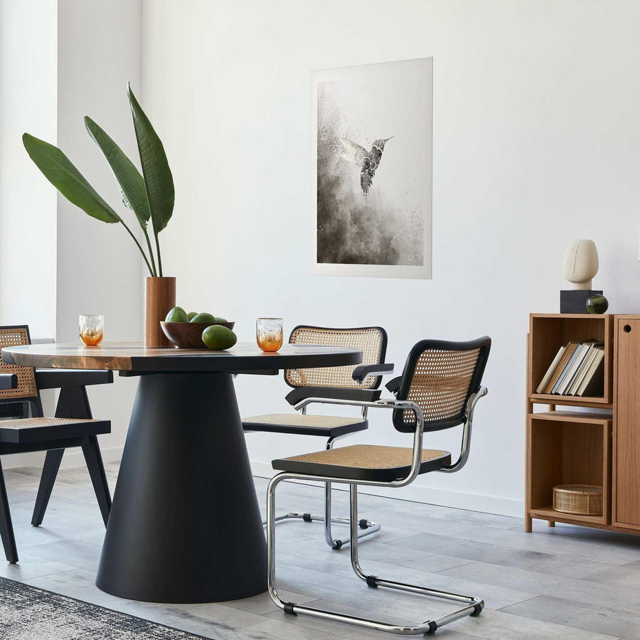 Ethnic Hummingbird poster displayed in modern dining room setting.