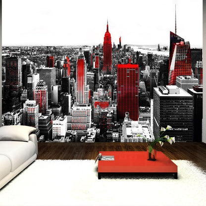 Fototapete Sin City – Schwarz-Weiß Skyline mit rotem Akzent