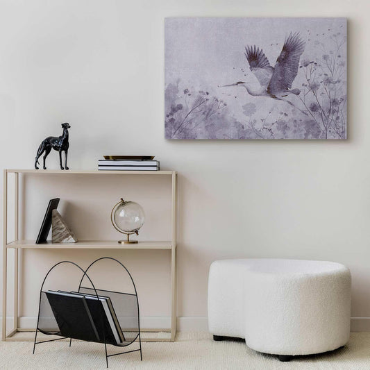 Leinwandbild - Majestic flight - a crane in flight in monochrome