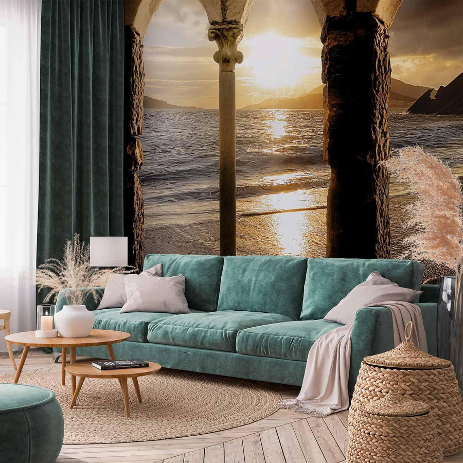 Fototapete „Schloss am Strand“ – Mystischer Ausblick auf Felsen & Meer
