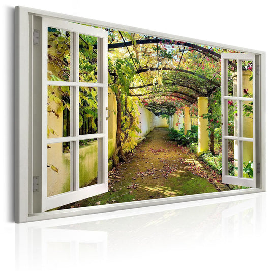 Leinwandbild - Window: View on Pergola Artgeist