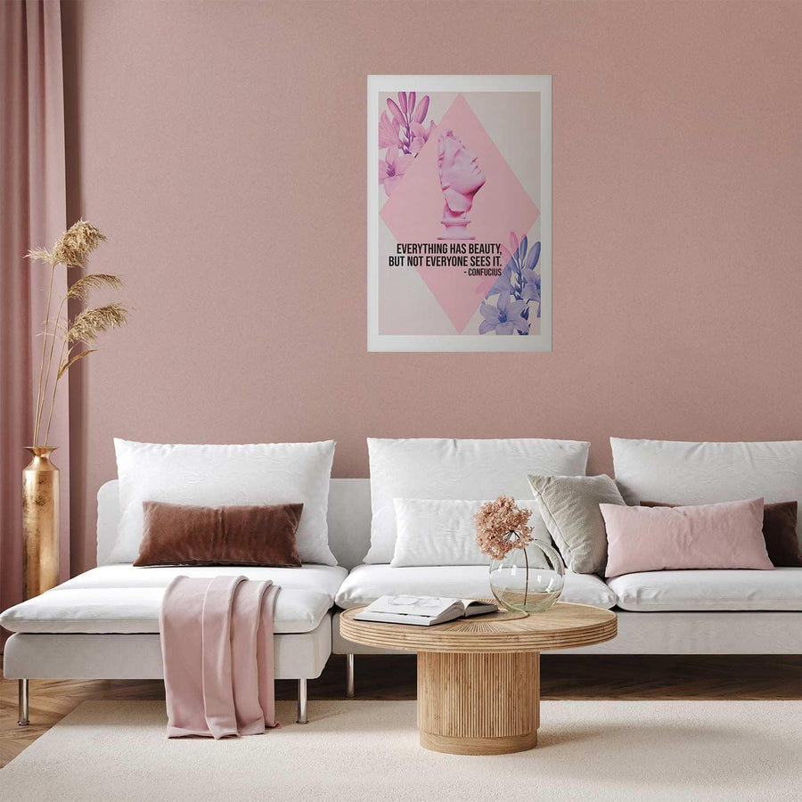Poster - Confucius on Beauty - a bust in pink with flowers and a quote Artgeist