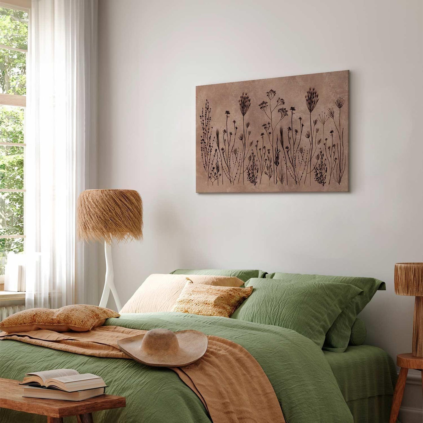 Leinwandbild - Wildflowers – black plants on lime-wash background