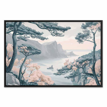 Leinwandbild - Mountainous Coast with Trees and Rocks in Light Pastel Blues