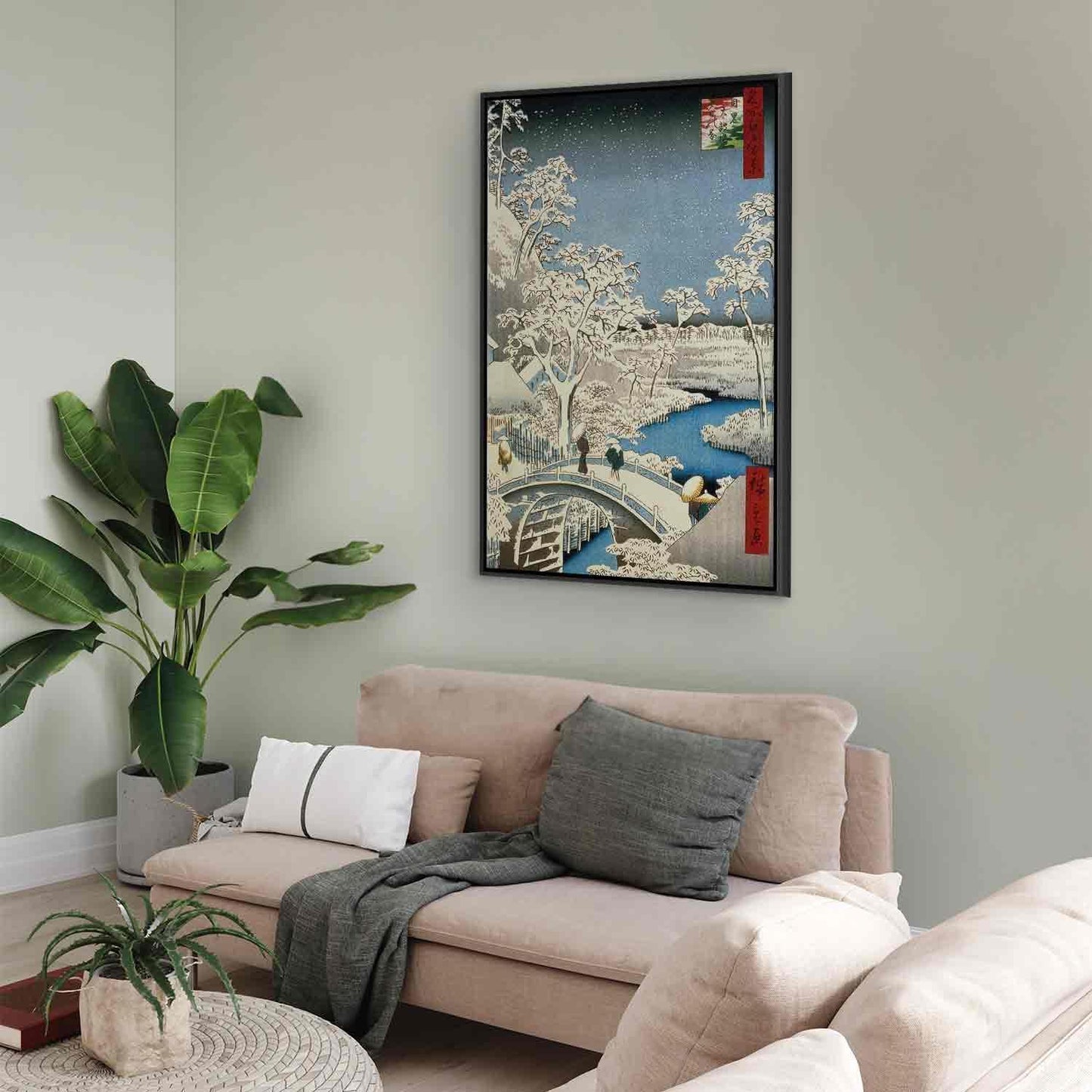 Leinwandbild - Utagawa Hiroshige – Drum bridge and Setting Sun Hill at Meguro