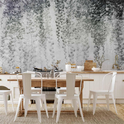 Fototapete - Peaceful oasis - landscape of hanging black leaf vines on a grey background