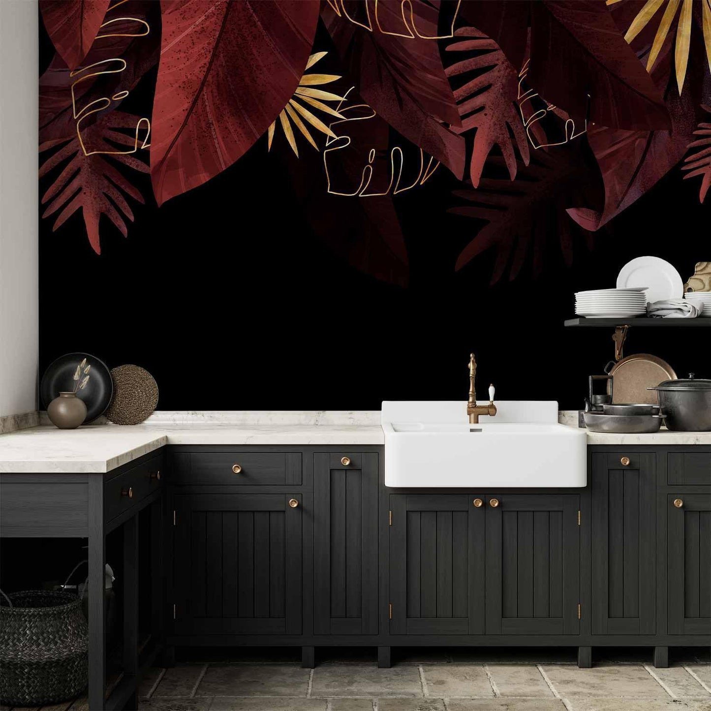 Fototapete - Jungle and composition - red and gold leaf motif on black background