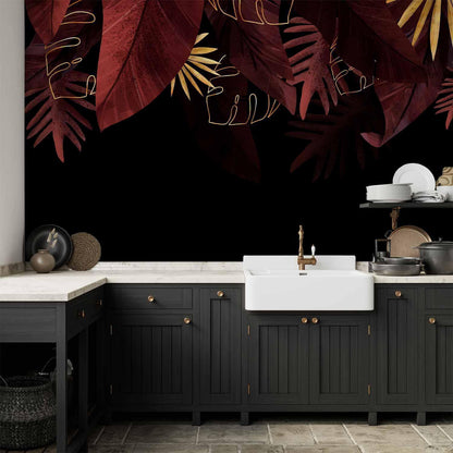 Fototapete - Jungle and composition - red and gold leaf motif on black background